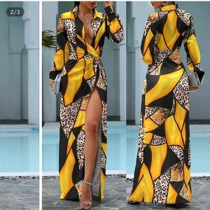 Cheetah Print Colorblock Twisted High Slit dress.